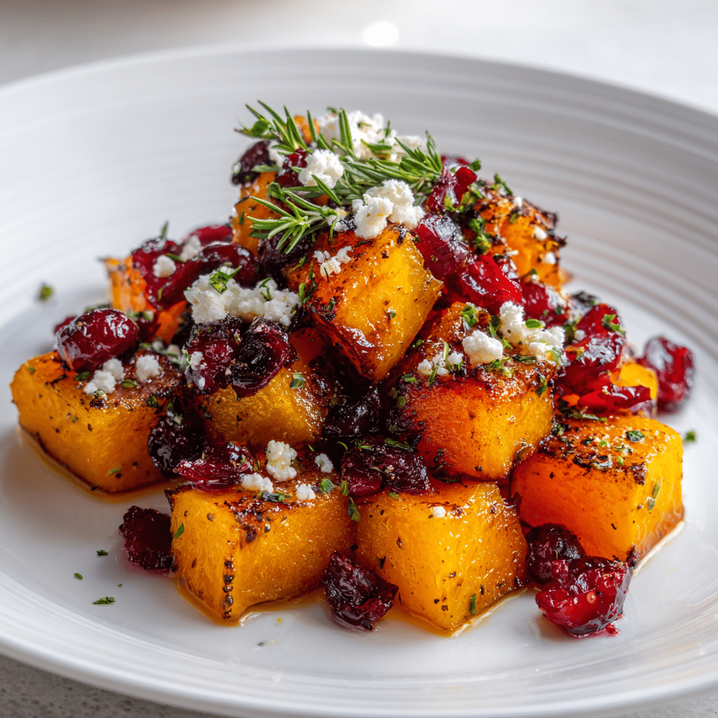Plated honey roasted butternut squash with cranberries and feta