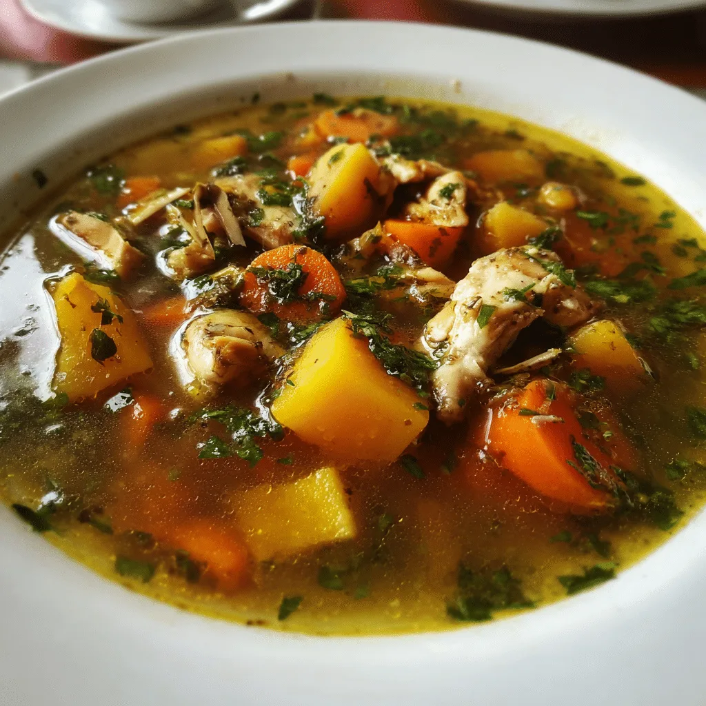 Jamaican Chicken Soup in a rustic bowl with dumplings and vegetables