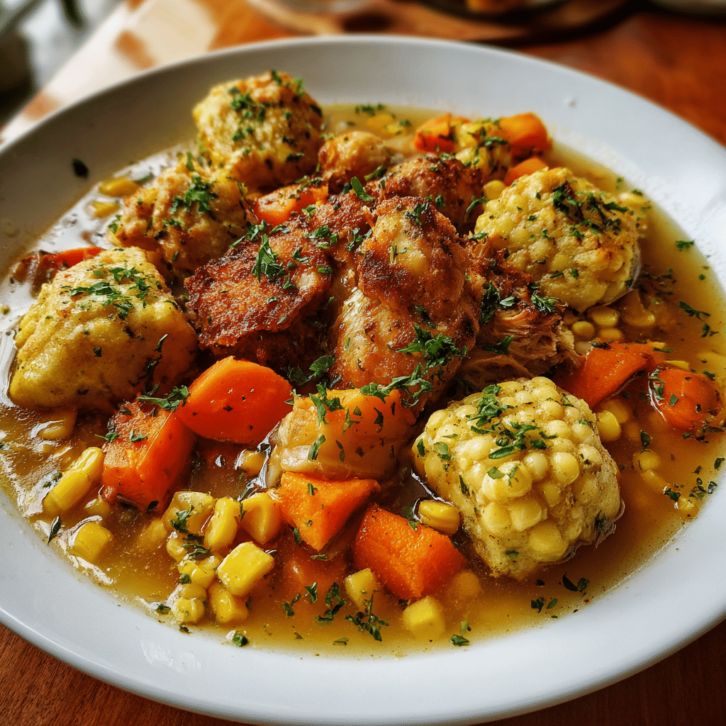 Bowl of Jamaican Chicken Soup with dumplings and vegetables