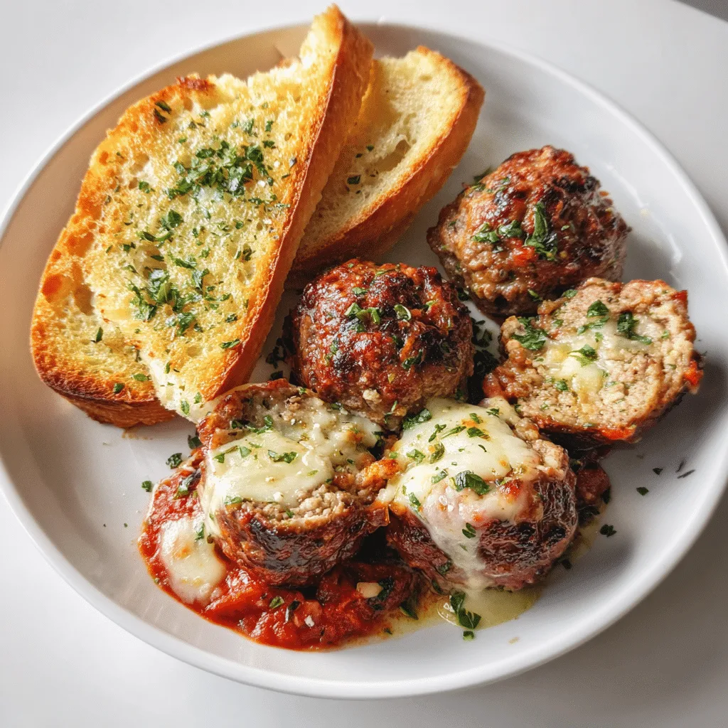 Mozzarella stuffed meatballs in marinara sauce in skillet