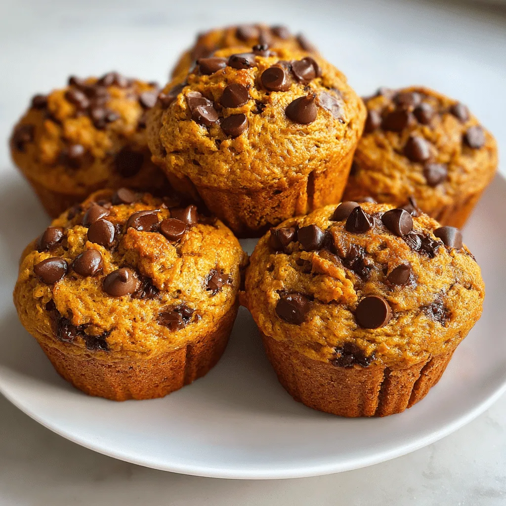 Pumpkin chocolate chip muffins on a rustic table with melted chocolate.