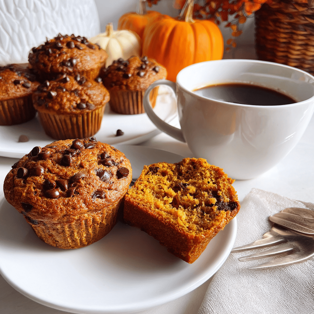 Fresh pumpkin chocolate chip muffins served with coffee.