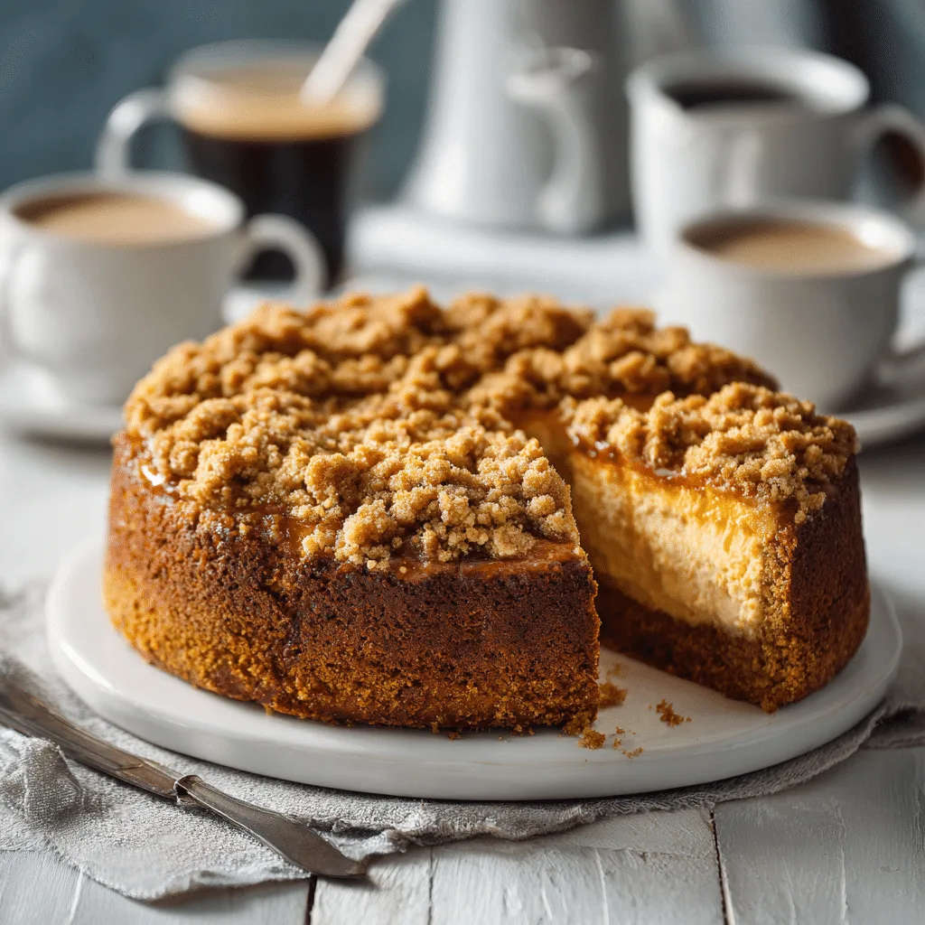 Pumpkin cream cheese coffee cake with streusel topping on table