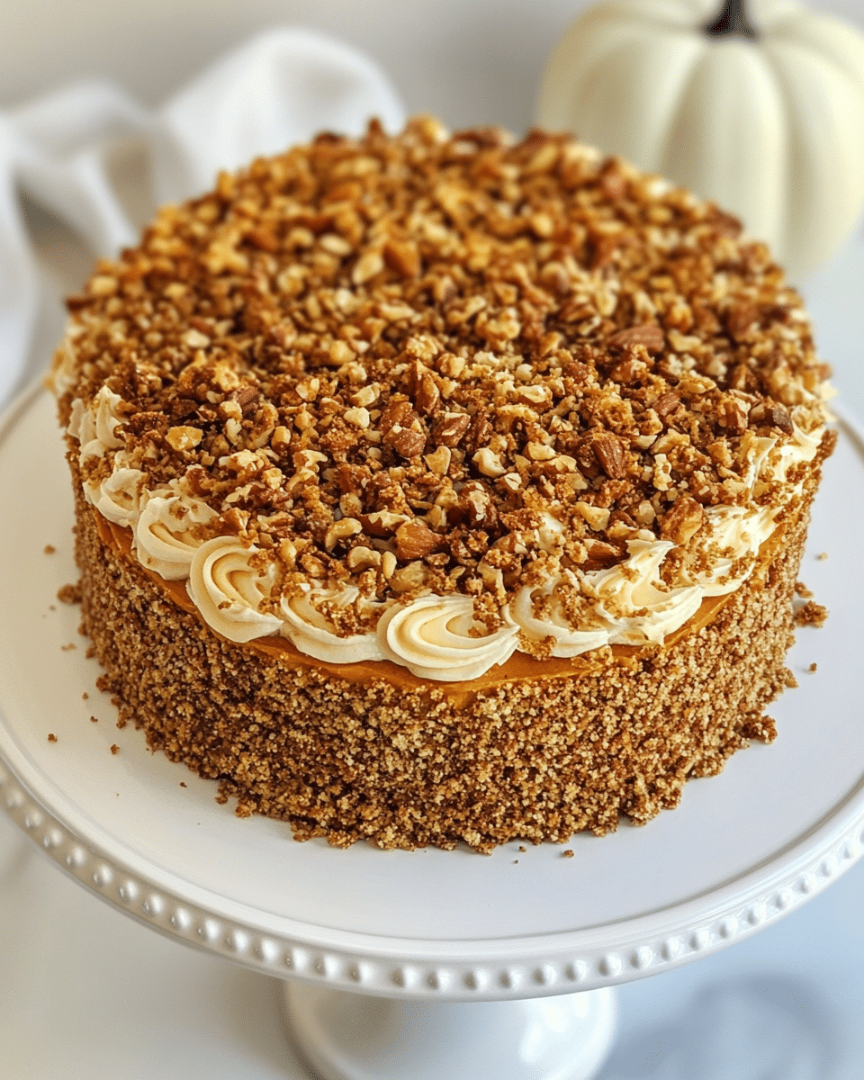 Sliced pumpkin crunch cake served with frosting and caramel
