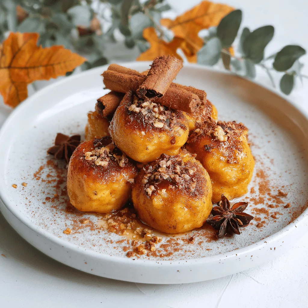 Pumpkin dumplings on a fall-themed table with warm lighting