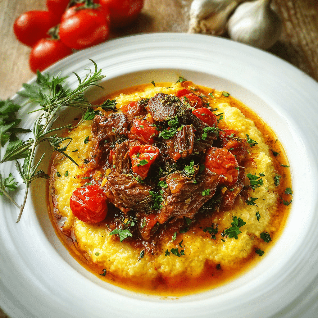 Slow cooker ragu beef served over wide pasta with garnish