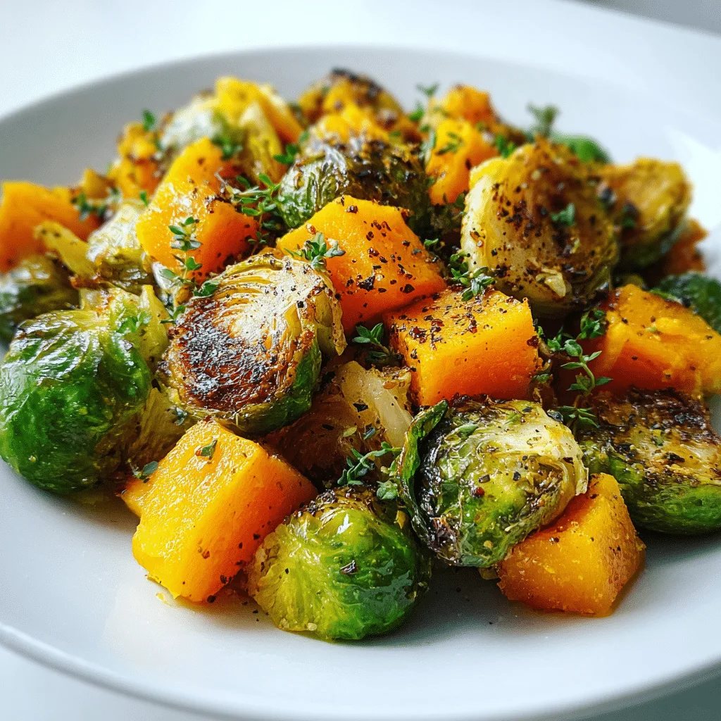 Roasted brussel sprouts and butternut squash on a tray