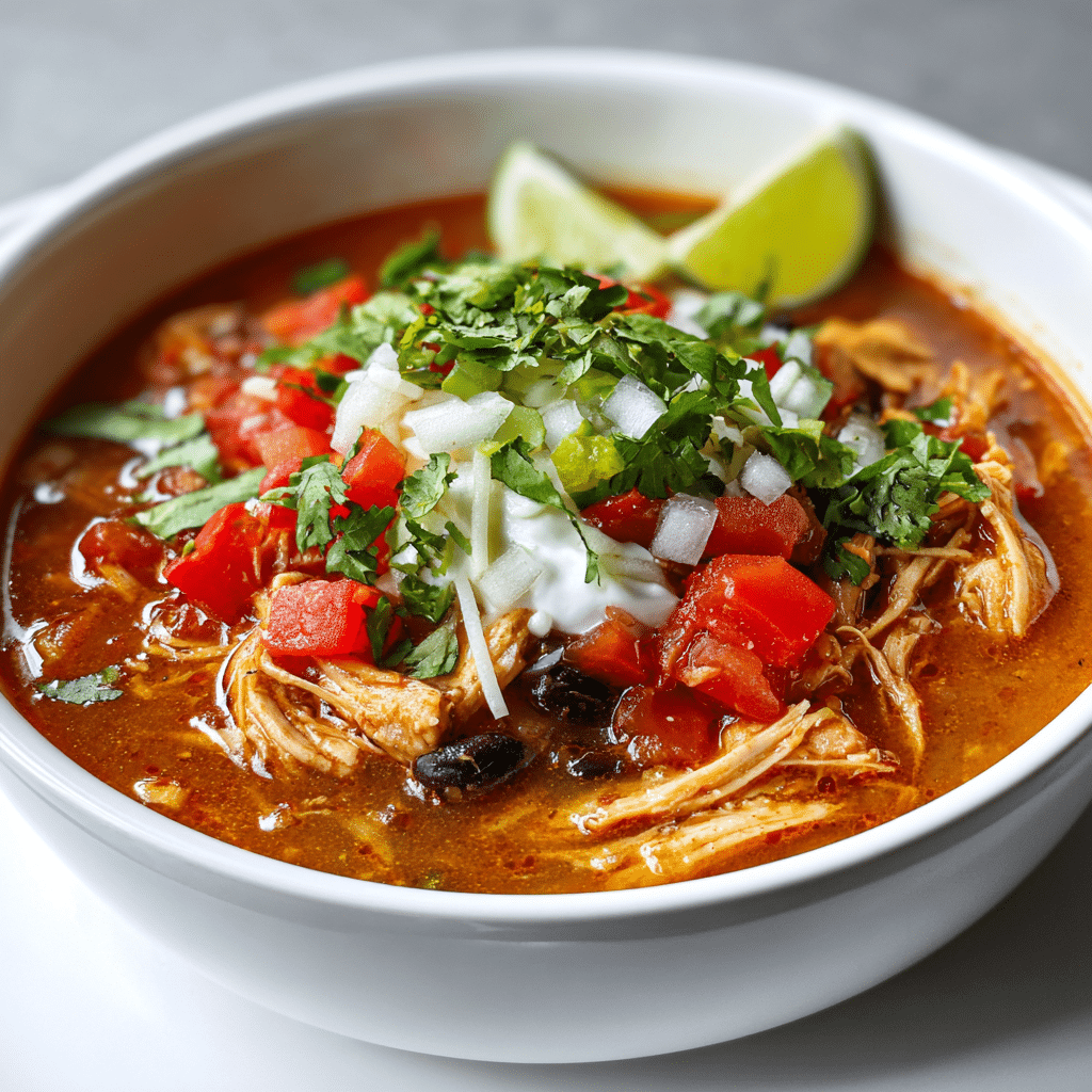 Bowl of slow cooker chicken tortilla soup with fresh toppings and side of cornbread