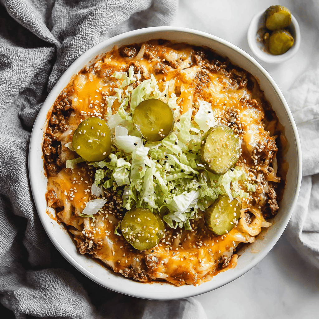 Bowl of Big Mac casserole served hot with toppings