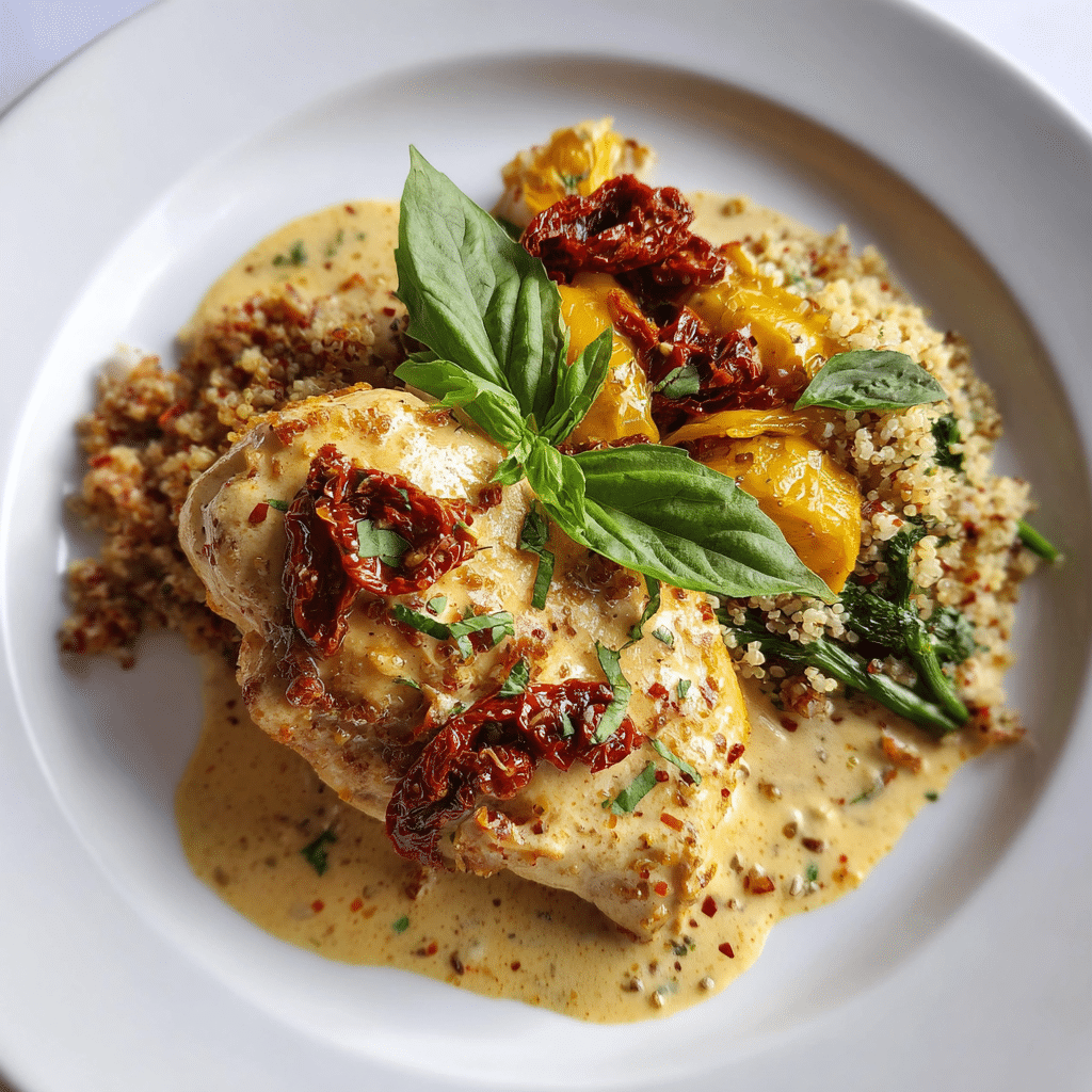 High-Protein Marry Me Chicken served with quinoa and vegetables
