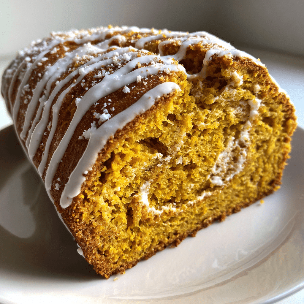 Slice of pumpkin bread with cream cheese frosting on a dessert plate
