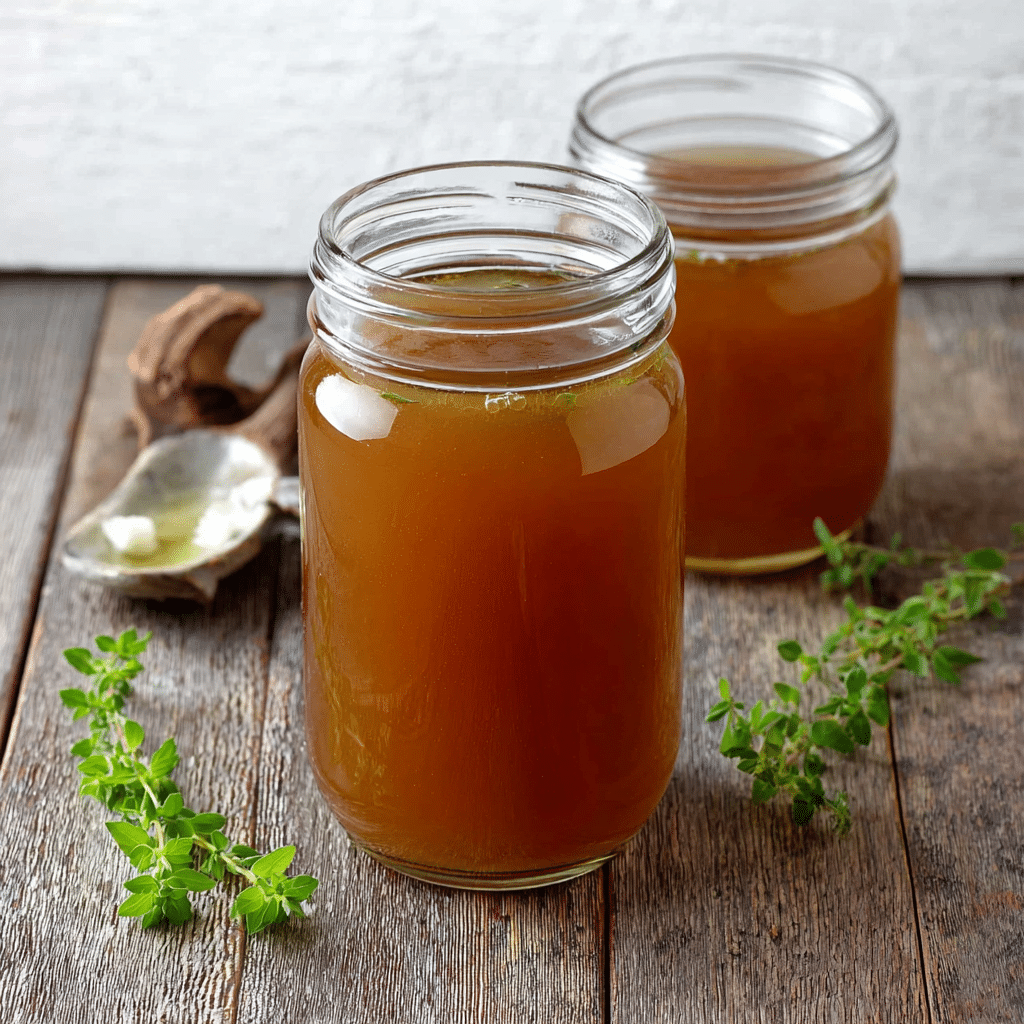 Cup of steaming Slow Cooker Bone Broth with fresh parsley