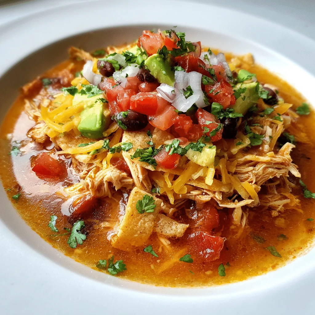 Slow cooker chicken tortilla soup topped with cheese, avocado, and tortilla strips