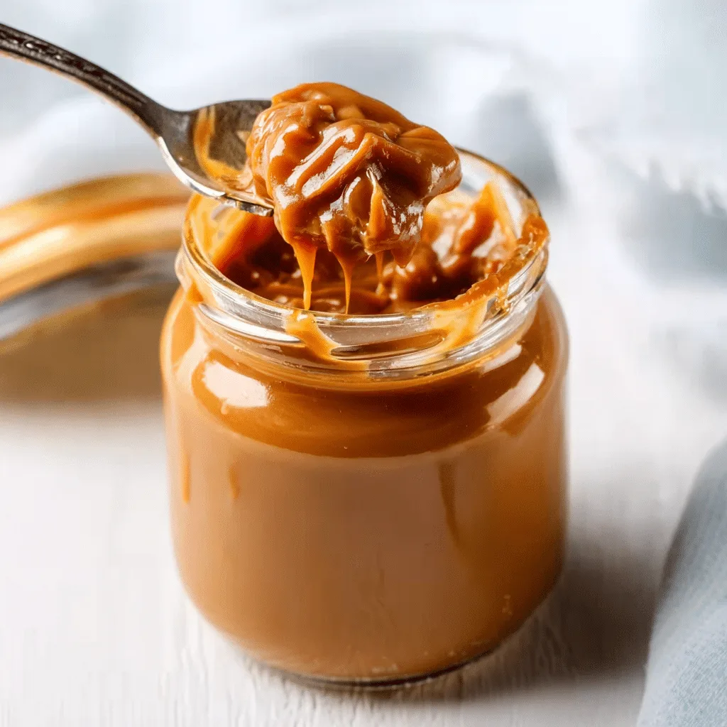 Slow cooker dulce de leche in a glass jar with spoon