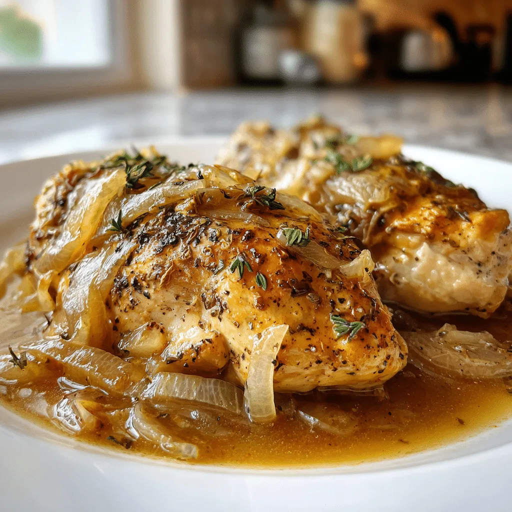 Slow Cooker French Onion Chicken in a rustic bowl with melted cheese and caramelized onions