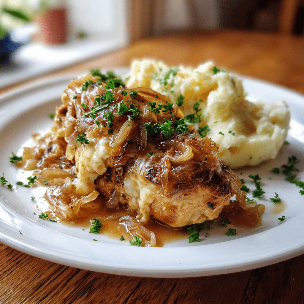 Slow Cooker French Onion Chicken plated with mashed potatoes and parsley garnish