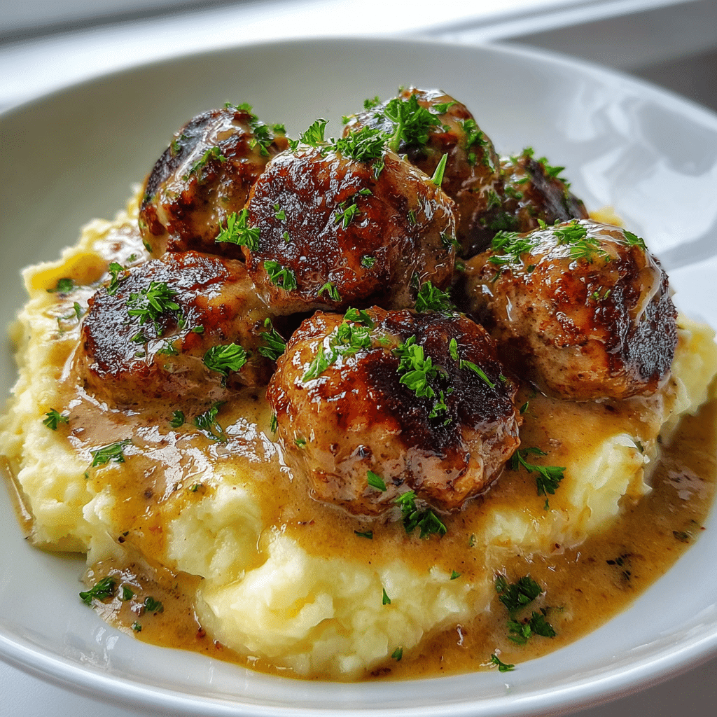 Swedish Meatballs with creamy sauce over mashed potatoes
