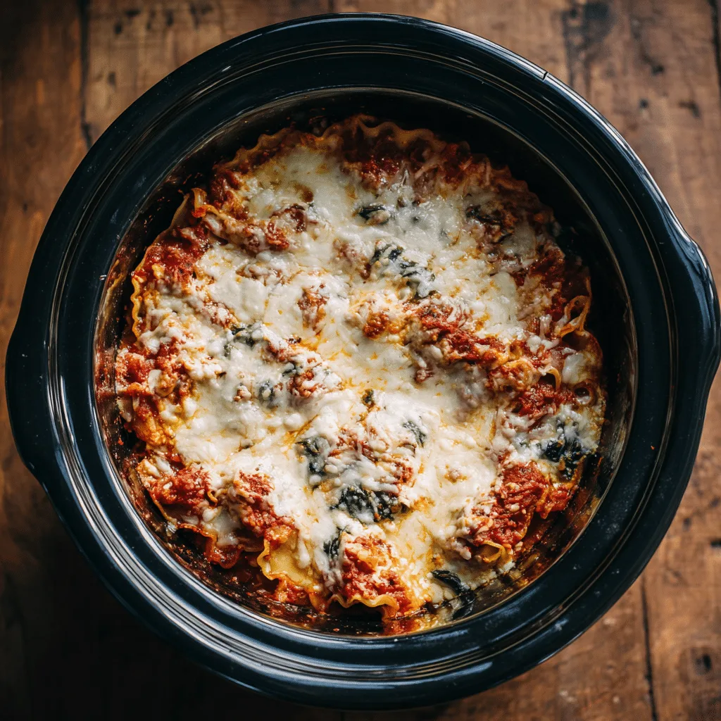 Vertical crockpot lasagna recipe with upright noodles in slow cooker