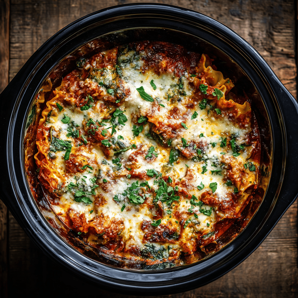 Vertical crockpot lasagna served with garlic bread and salad