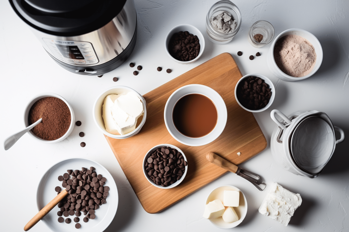 Crock pot hot chocolate ingredients on a counter