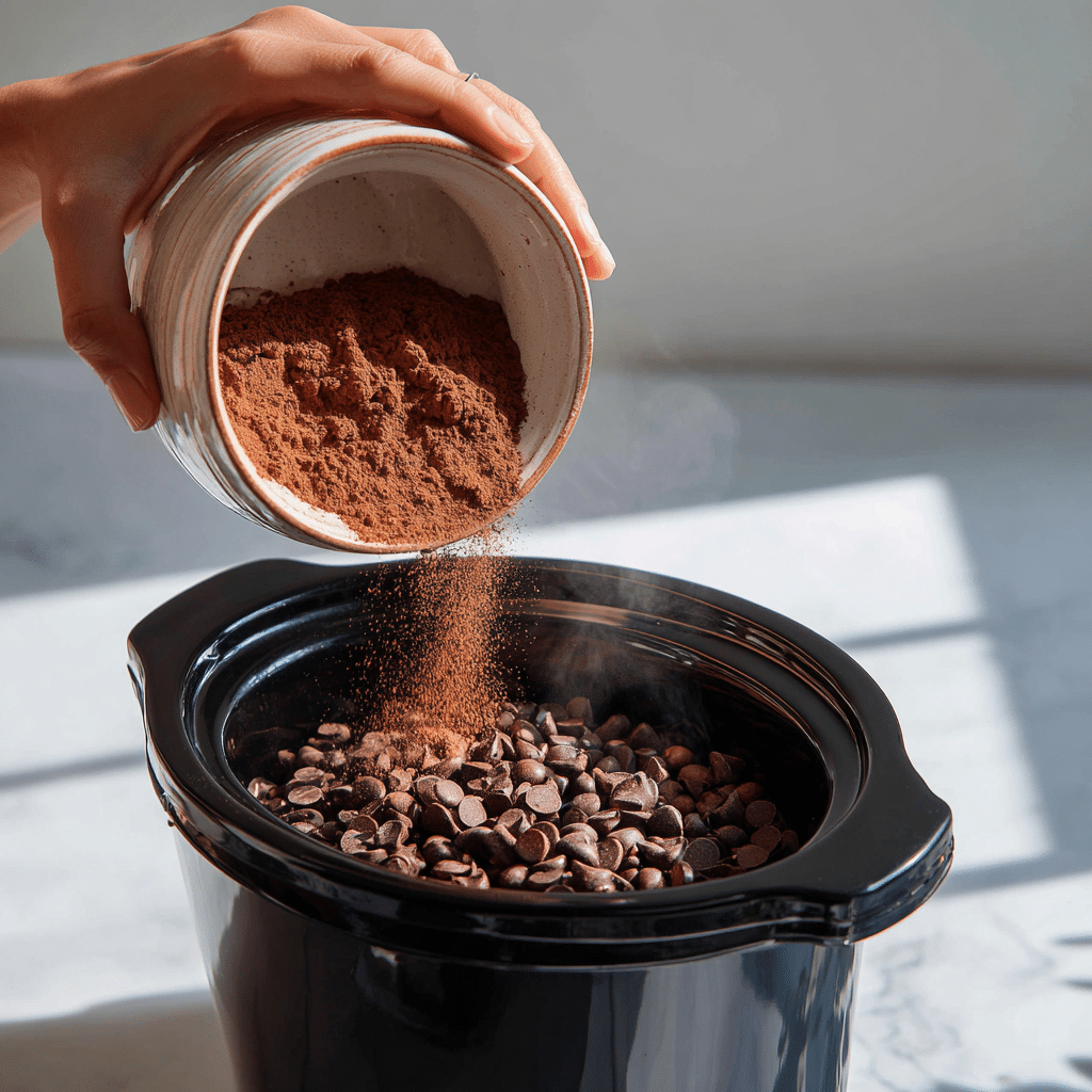 Crock pot hot chocolate cooking with steam