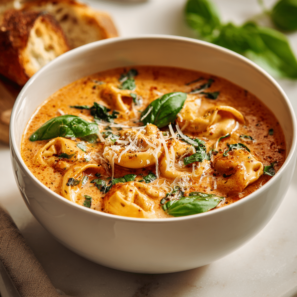 Finished creamy tomato basil tortellini soup in crockpot