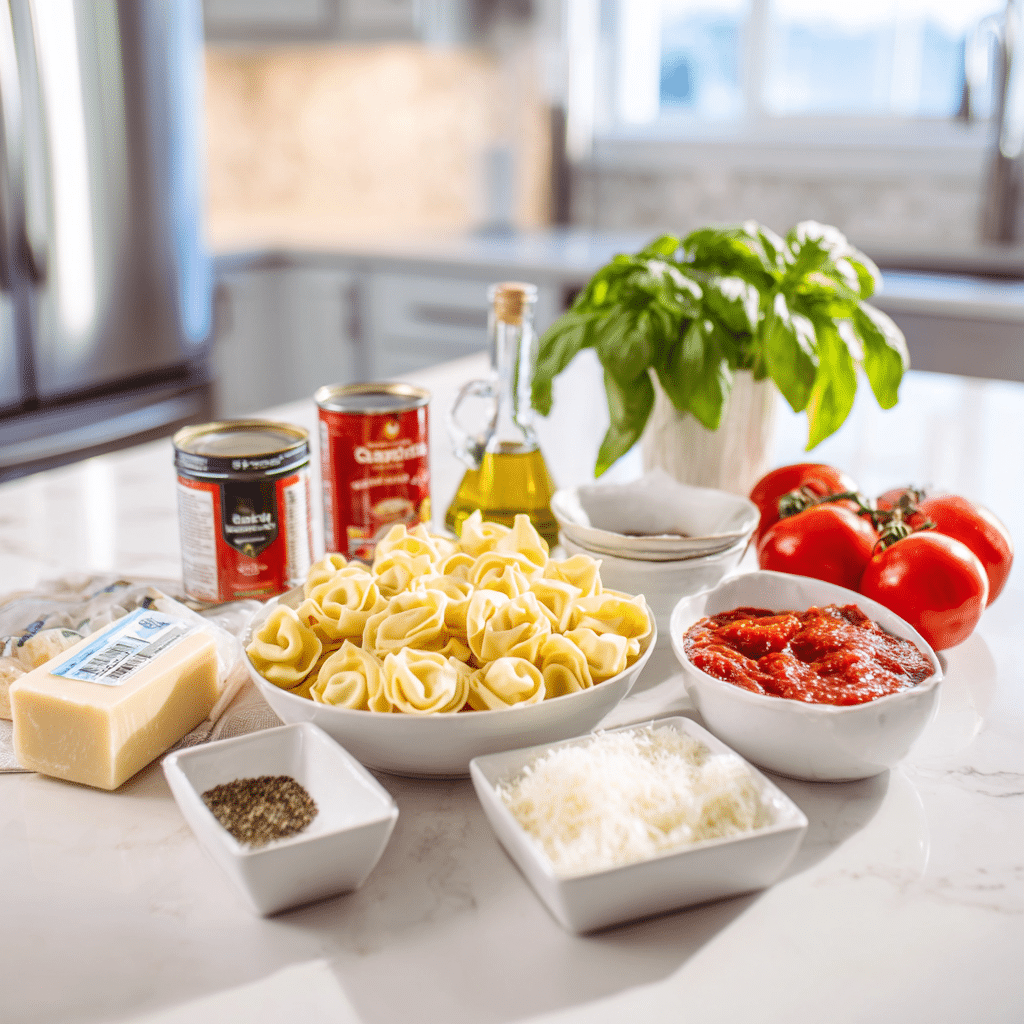 Ingredients for creamy tomato basil tortellini soup