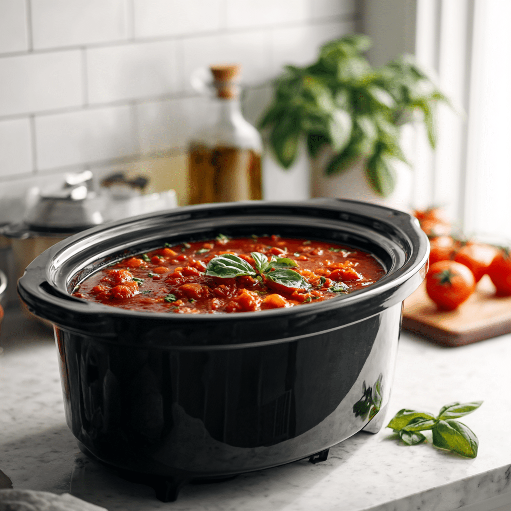 Tomatoes, broth, and basil in crockpot before cooking