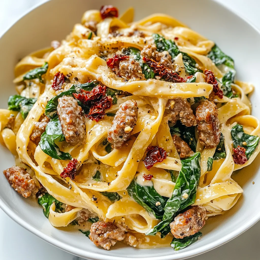 Creamy Tuscan Sausage Pasta with Spinach &amp; Sun-Dried Tomatoes!