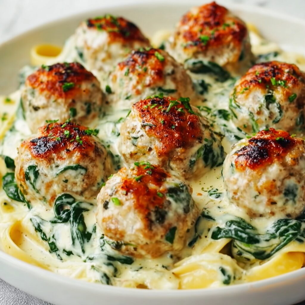 Baked Chicken Ricotta Meatballs with Spinach Alfredo That WOW!