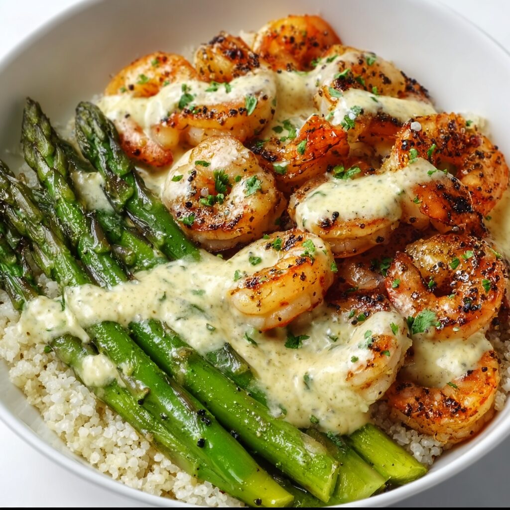 Grilled Shrimp Bowl with Asparagus & Creamy Garlic Sauce: Irresistible!