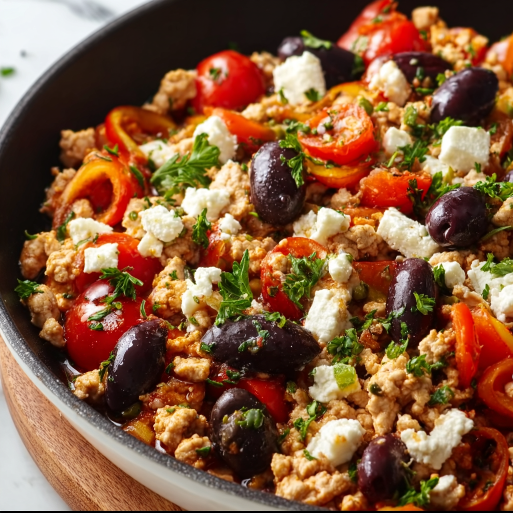 Mediterranean Keto Ground Chicken Skillet with Olives & Feta Bliss